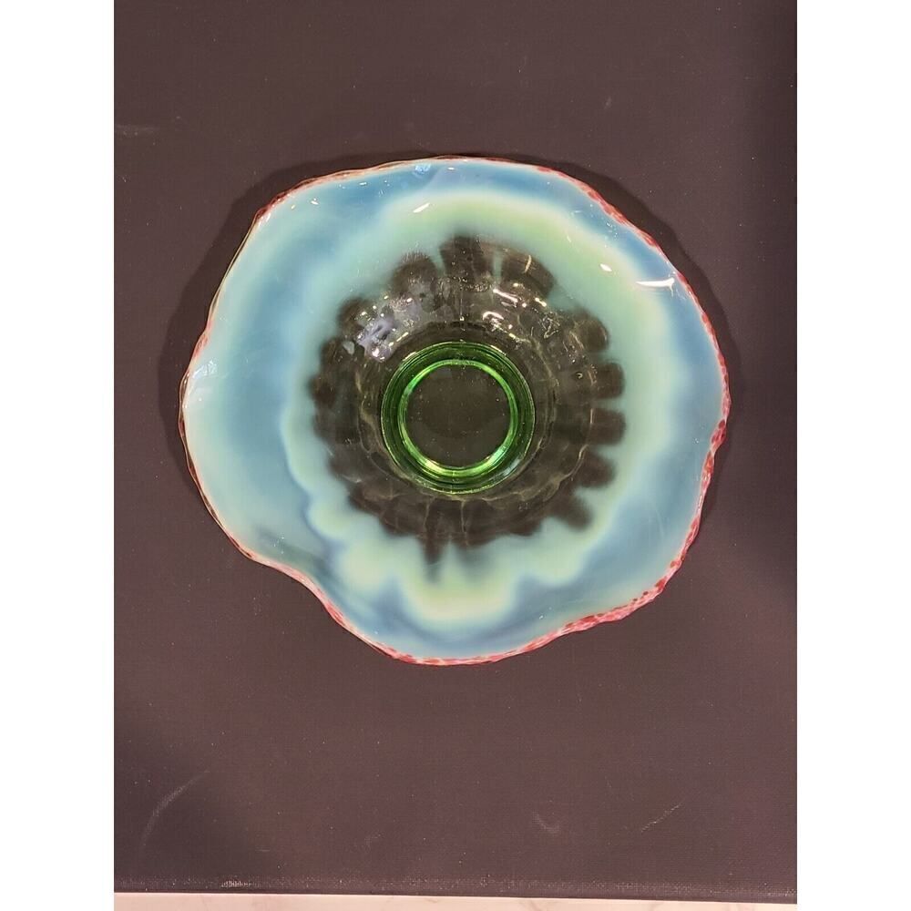 Jefferson Glass Green Opalescent Bowl Dish Cranberry Frit Smooth Rib Vaseline?